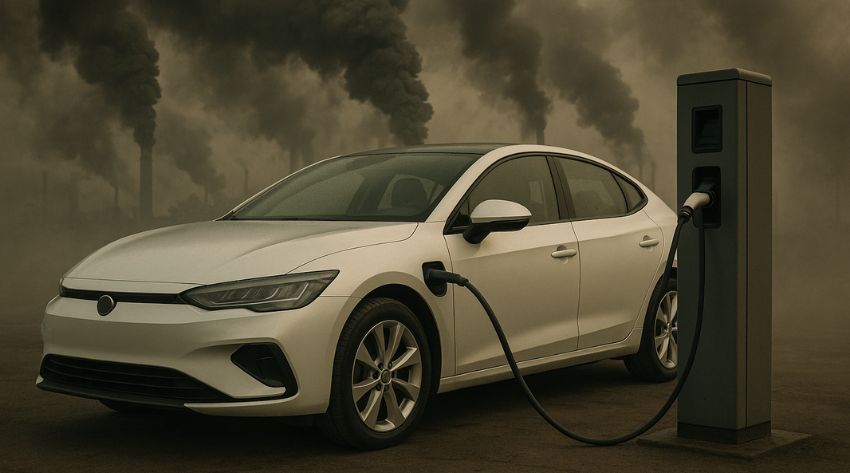 ev charging station and electric car surrounded by pollution