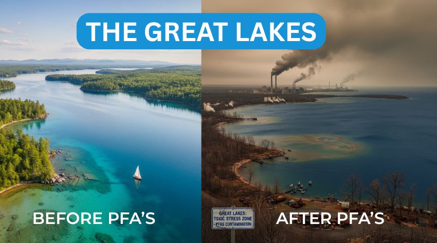 before and after image depicting the great lakes in the us before and after pfa toxicity